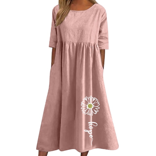 QIPOPIQ Robe Longue Décontractée pour Femme en Coton et Lin, Ample, Unie, Plissée, Manches Courtes, Robes Midi, Liquidation