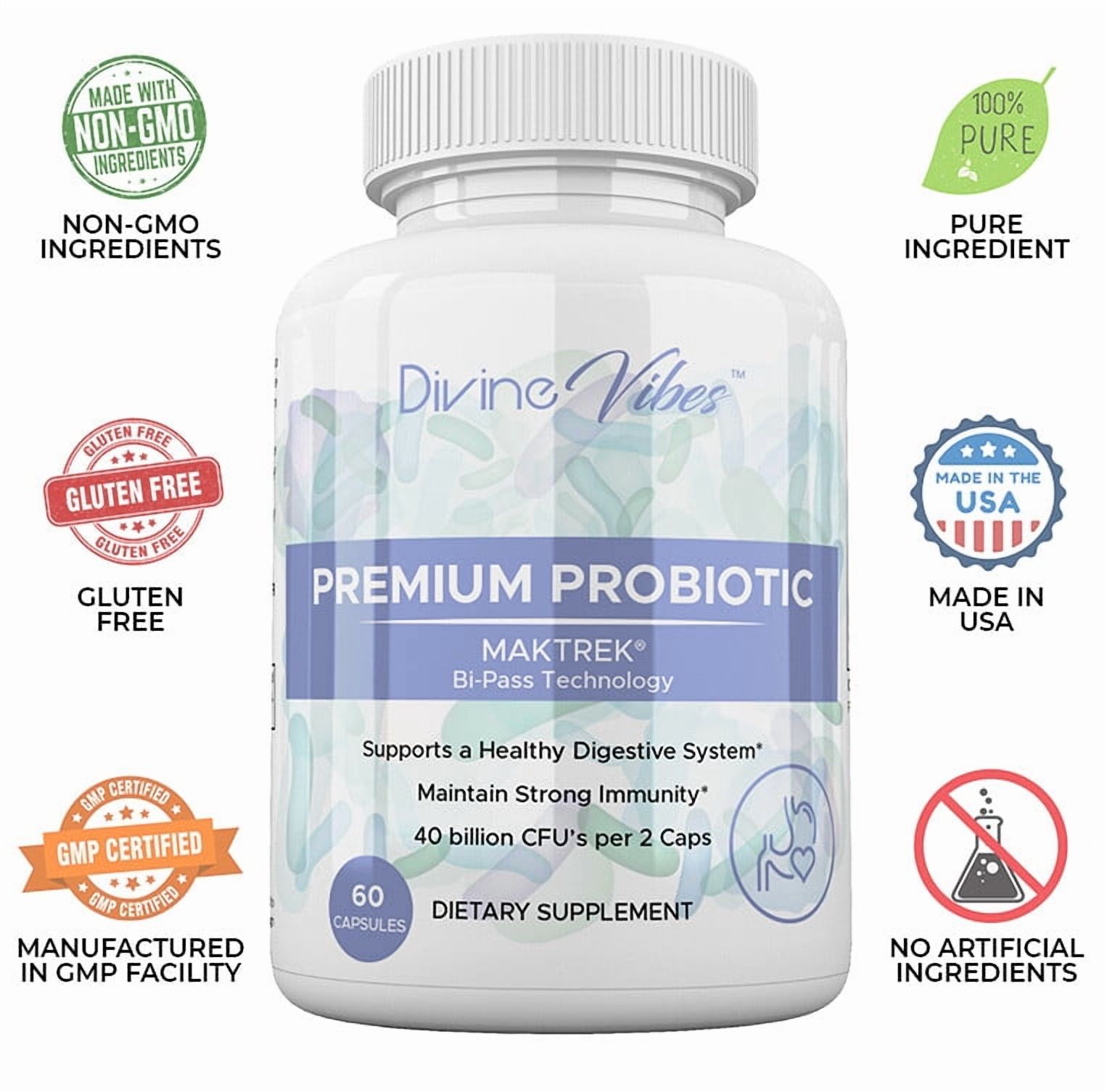 Divine Vibes Premium Probiotic 40 Billion CFU with MAKTrek Bi-Pass Technology – All Natural, Non-GMO, Gluten Free Digestive & Immune Support for Women & Men – 30 Day Supply – Made in USA