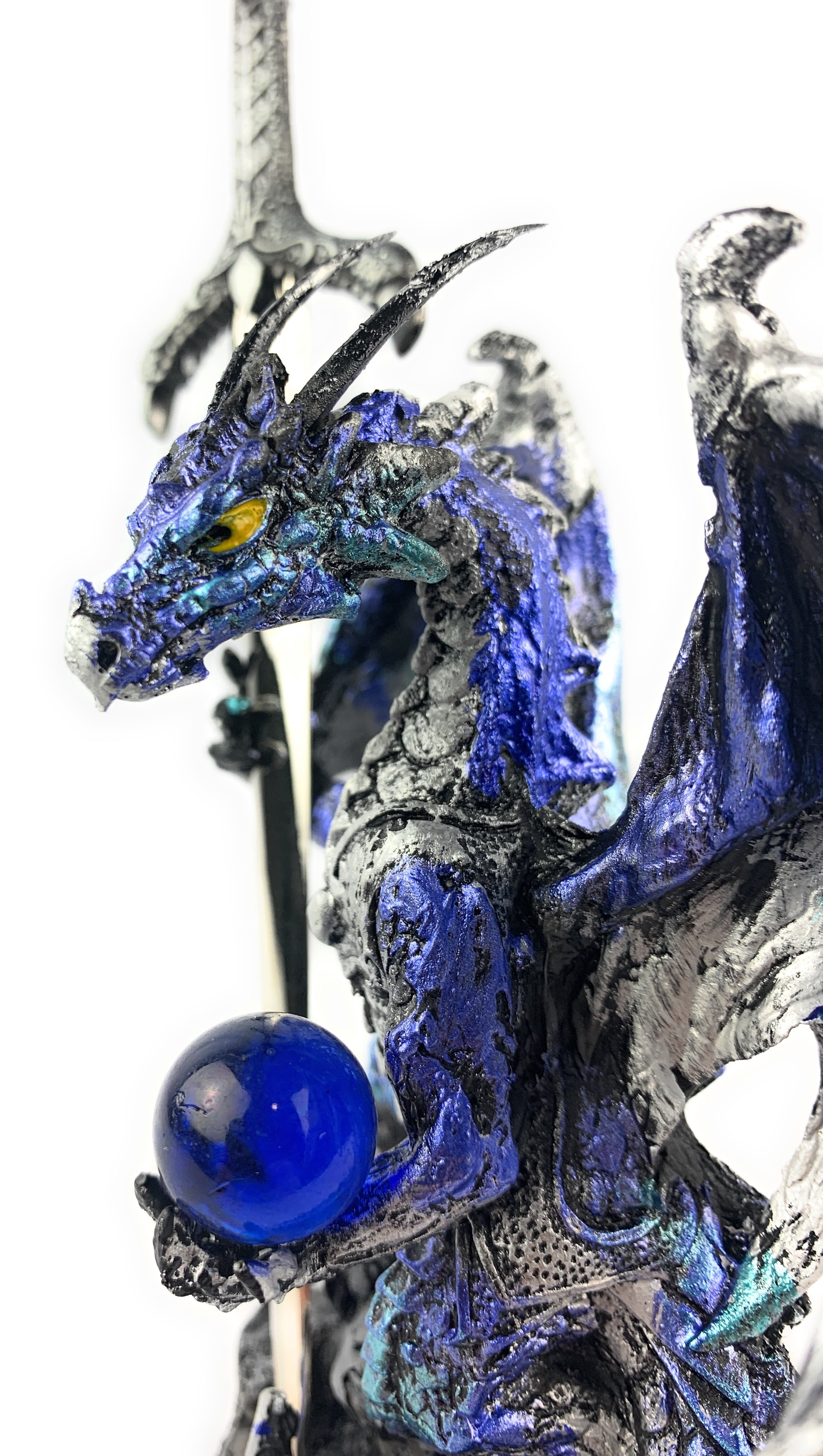 Ain’t It Nice Dragon Statue with Medieval Dragon Sword and Crystal Ball Collectible Dragon Figurine Fantasy Medieval Dragon Décor, Blue 4(L) 2(W) 7(H) inches