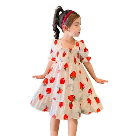 

KAOU Short Sleeve Dress Puff Sleeve Lacework Children Girls Strawberry Print Sweet Dress for Birthday Party