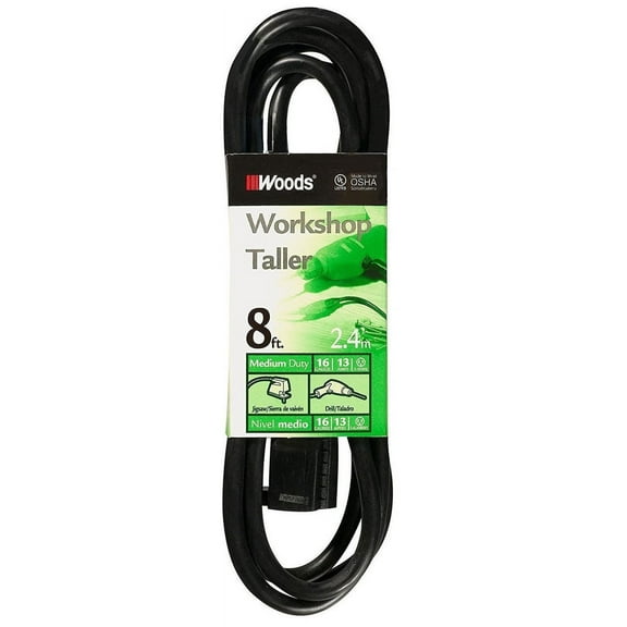 Woods 260 General Purpose Garage and Workshop Extension Cord, 16/3 SJTW Medium Duty, Black 8'