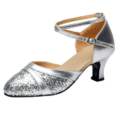 Oyedens Women s Sequin Leather Pointed Toe Kitten Heel Latin Ballroom Dance Shoes for Women Dress Pump