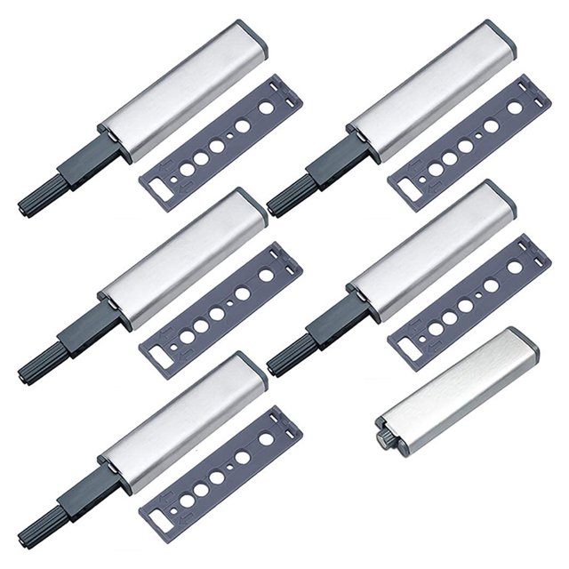 Push Latches for Cabinets 6 Pack Push to Open Cabinet Hardware, featuring a silver and gray design with a built-in spring-loaded plunger for easy push-to-open functionality. Includes long stroke with magnetic force for secure closure, suitable for medium-sized doors. Made of metal and ABS plastic, each latch measures 12 cm in length. Package includes six push-to-open door catches with mounting screws.
