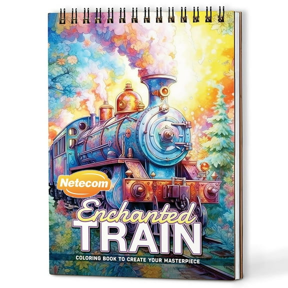 Netecom Train Coloring Book Spiral Bound for Adults and Toddlers, A5 Wooden Cover, 30 Whimsical Railway Coloring Pages of Scenic Journeys for Stress Relief and Relaxation