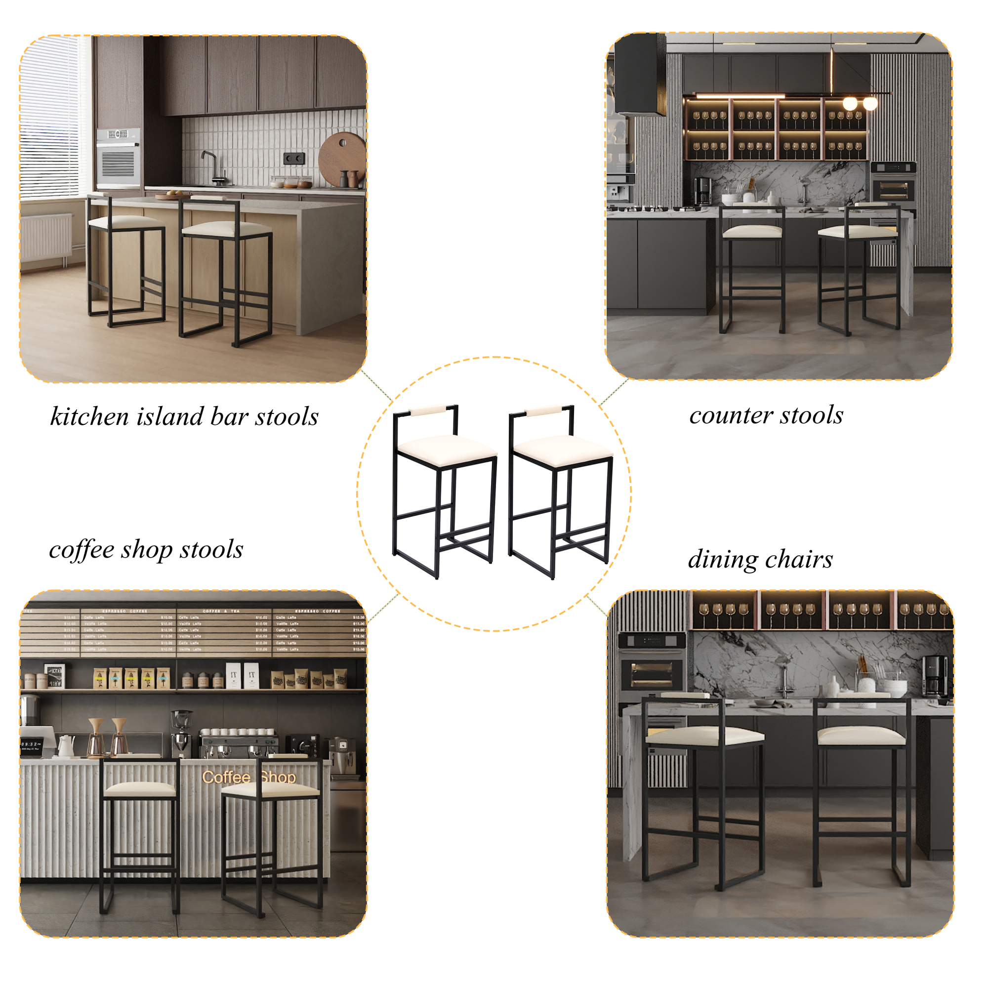 Leumius Bar Stools Set of 2,Faux Leather Upholstered Counter Height Bar Stools,Kitchen Island Stools with Back and Metal Legs,Beige
