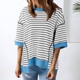 thumbnail image 2 of Delayuji Women's Casual Round Neck Short Sleeved Striped Color Blocked Hem Off Shoulder Fashionable Pullover T Shirt Blue Xl Blended Fabric Short Sleeve Shirts for Women, 2 of 5