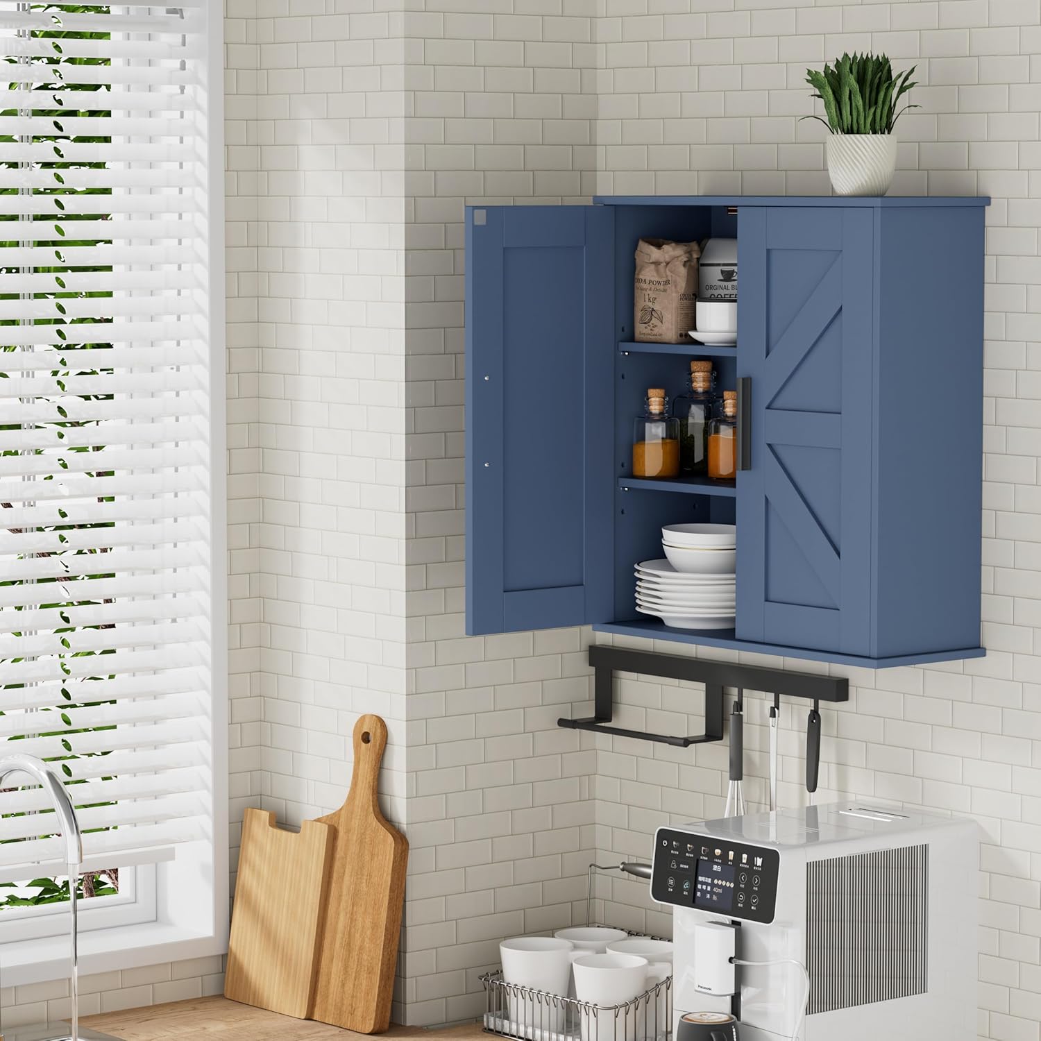 Bathroom Wall Cabinet, Over Toilet Storage Cabinet with Barn Doors and Adjustable Shelves, 3-Tier Medicine Cabinet Wall Mounted, for Bathroom, Kitchen, Entryway, Laundry Room, Blue, (7.9" D)