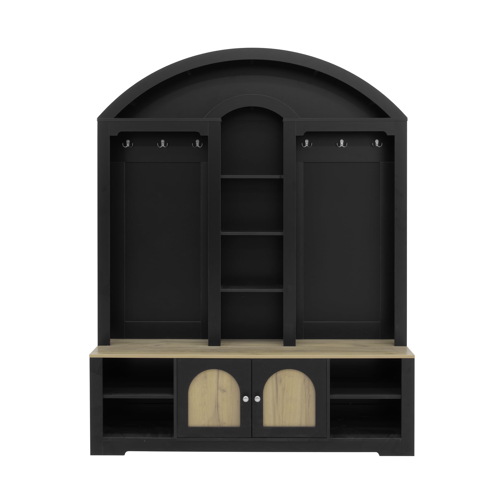 Aukfa Curved Hall Tree Wardrobe with Hooks, Shelves & Shoe Storage,Entryway Wardrobe Organizer for Hallway, Living Room,Black