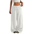 thumbnail image 3 of Fall Saving! HVOBTTY Women's Wide Leg Trousers, Fall Pants for Women, Women's Casual Solid Color Drawstring Elastic High Waisted Tree Bark Hem Pocketed Long Pants White,XL, 3 of 5