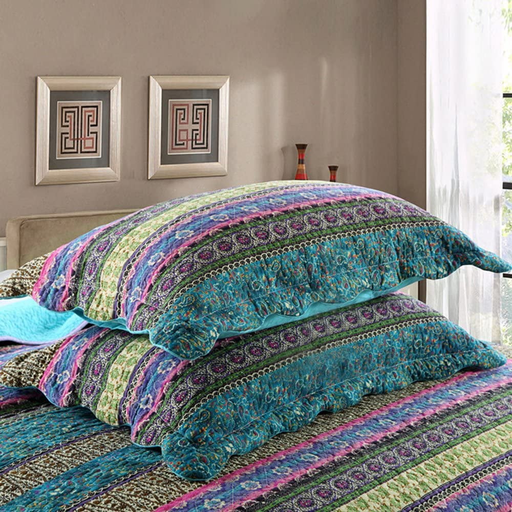 NEWLAKE Cotton Bedspread Queen Quilt Sets Reversible Patchwork Coverlet Set, Blue Striped Jacquard Pattern
