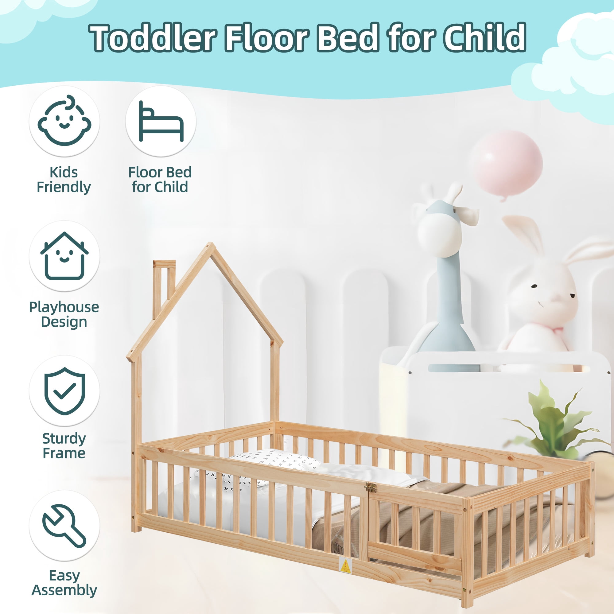 PORKISS Twin Size House Platform Bed for Kids with House-Shaped Headboard, Low Floor Bed with Guardrails Fence, Natural
