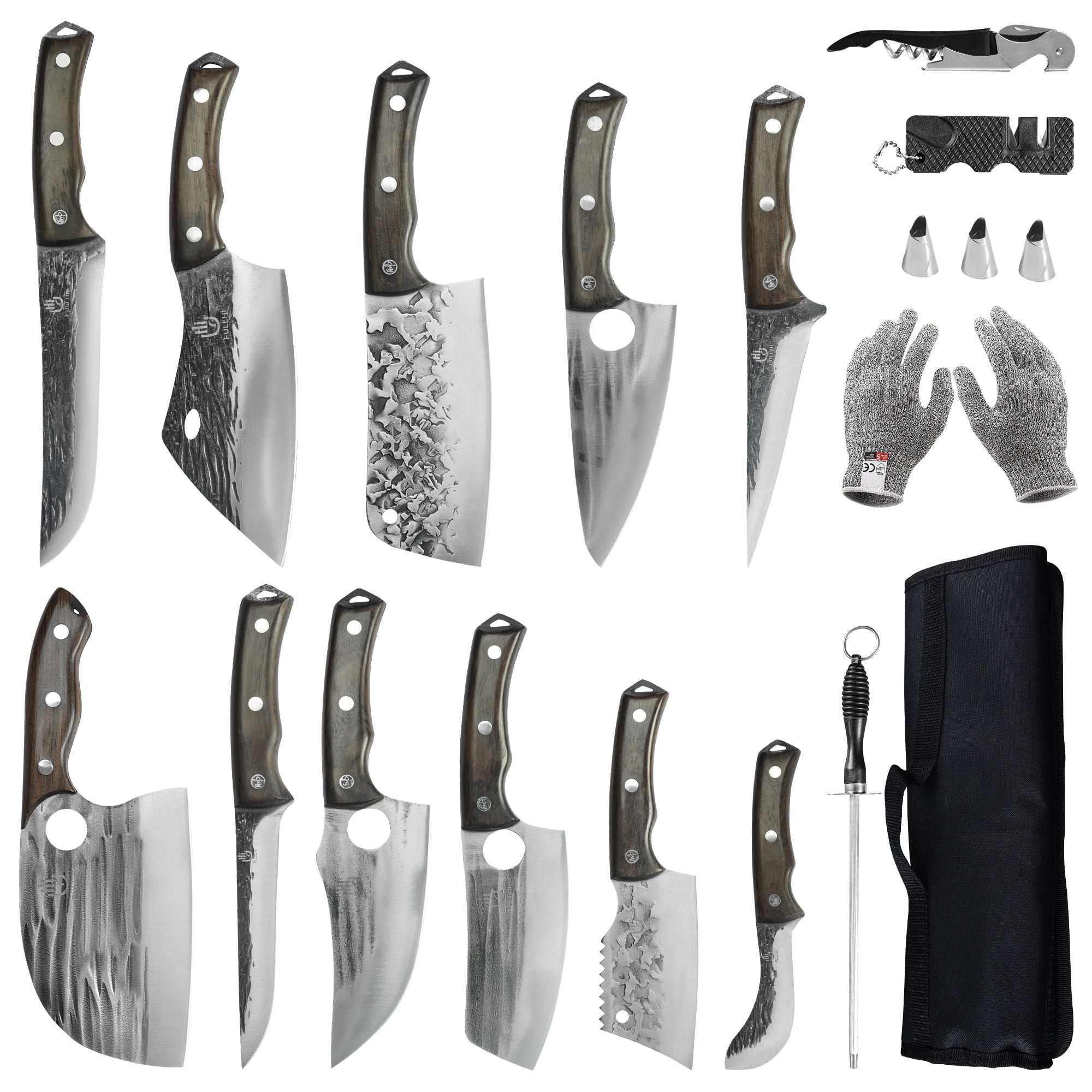 FULLHI 17pcs Butcher Chef Knife Set include sheath High Carbon Steel