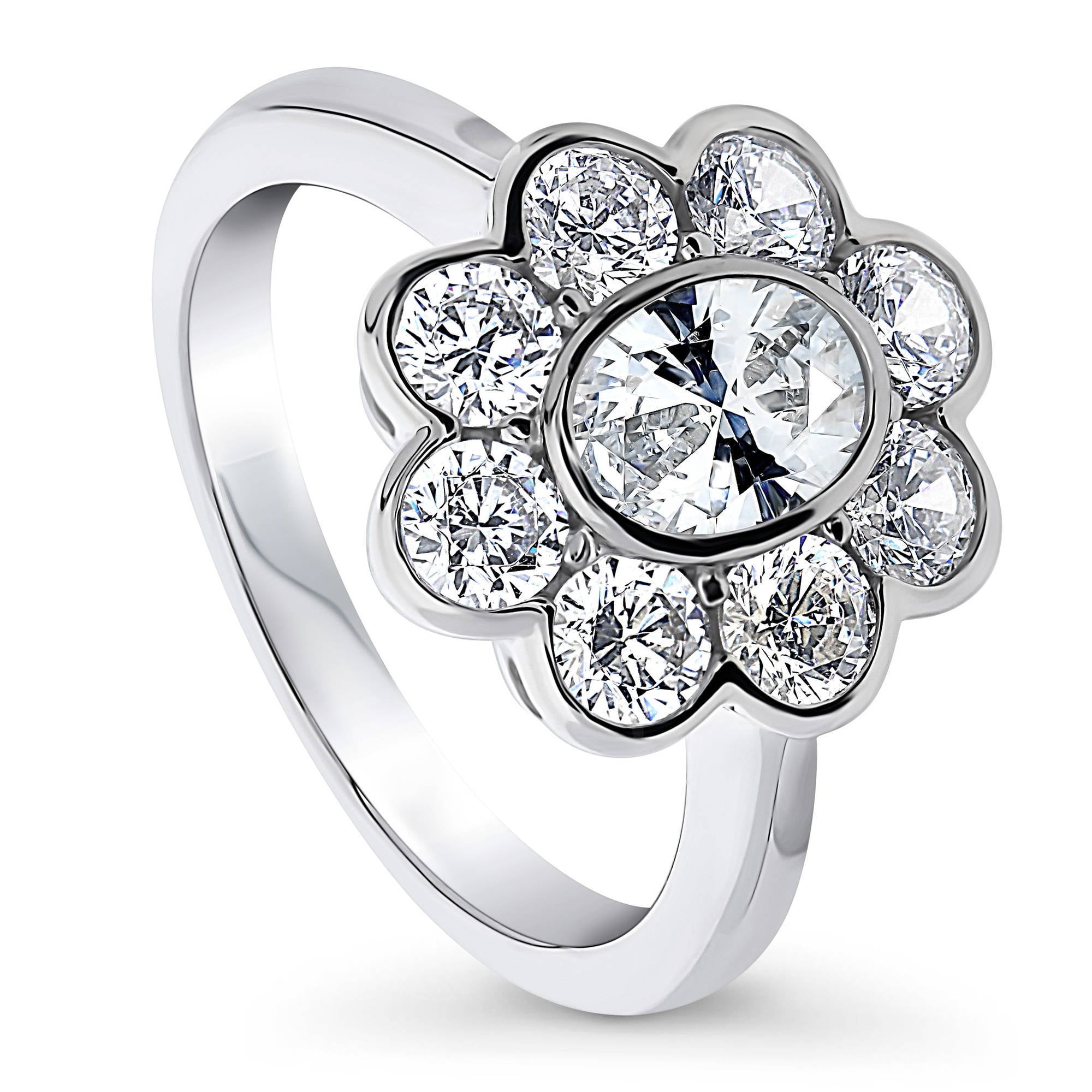 Clear Cubic Zirconia Halo Flower Design Ring Rhodium Plated Sterling Silver