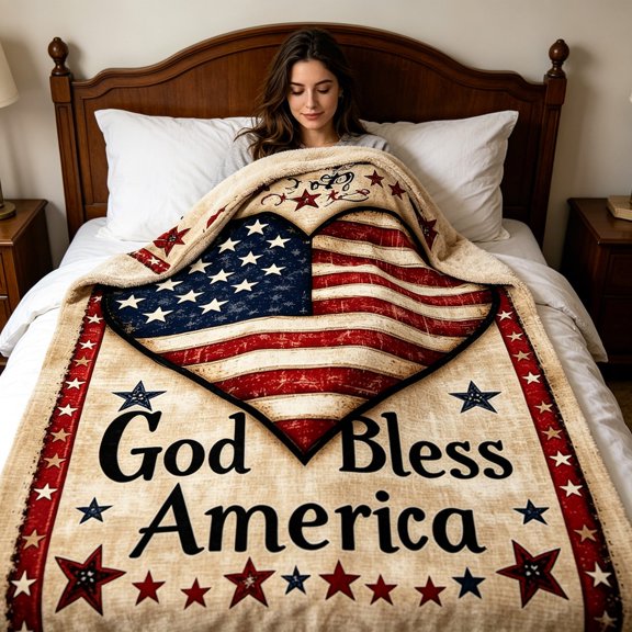 Independence Day God Bless America Flannel Throw Blanket,4th of July Vintage American Flag Heart Print Soft Cozy Blanket for Sofa,Bed,Living Room,Office,Holiday Party Decor