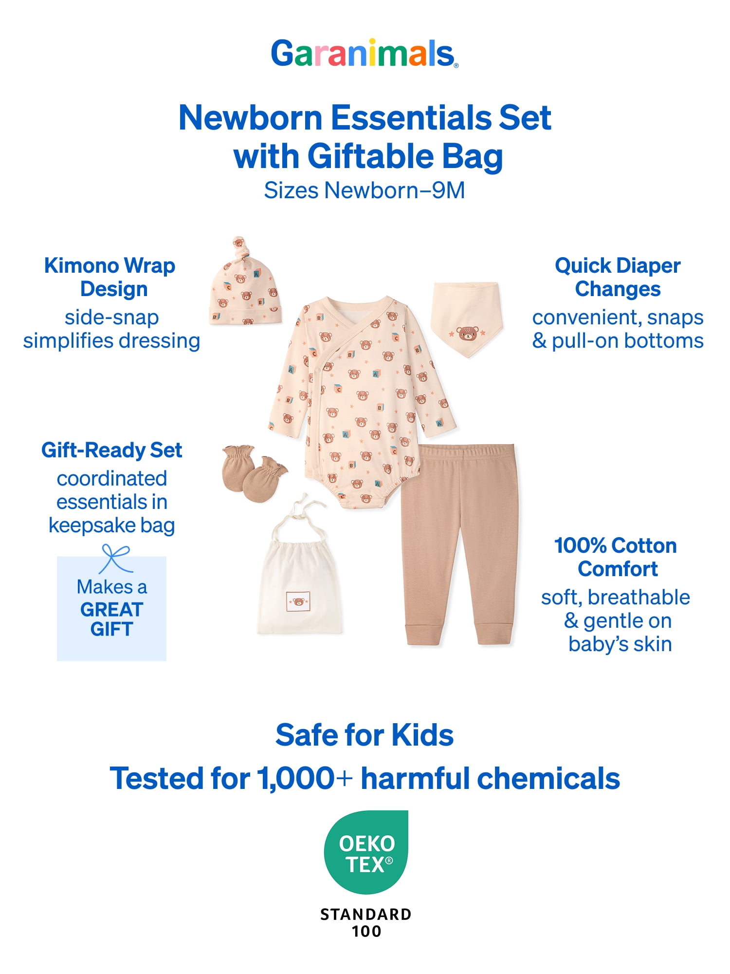 Garanimals Newborn & Baby 100% Cotton Newborn Essentials Set, Sizes Newborn–9M, 5-Piece