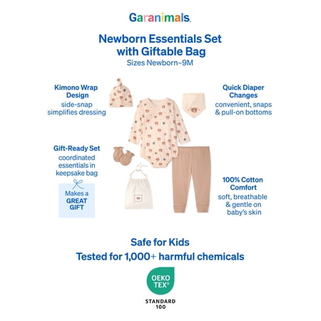 Garanimals Newborn & Baby 100% Cotton Newborn Essentials Set, Sizes Newborn–9M, 5-Piece