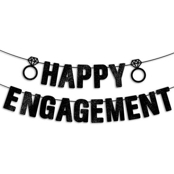 Pre-Strung Happy Engagement Banner - Black Glitter Engagement Party Decor