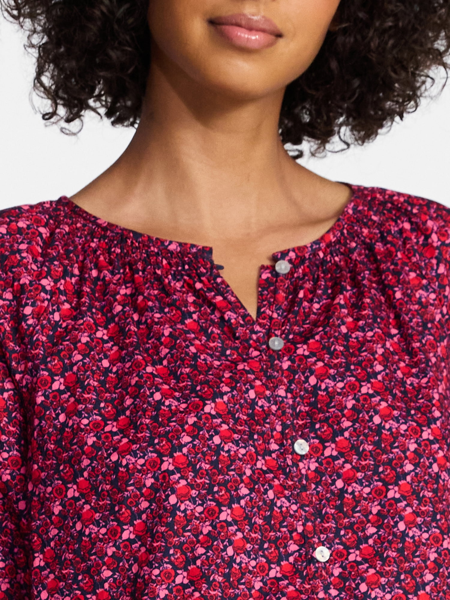 Time and Tru Women's Cotton Button Front Blouse with ¾ Length Sleeves, Sizes XS-XXXL