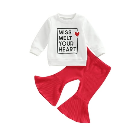 

EYIIYE Baby Girls Valentine s Day Outfits Letters Heart Print Long Sleeve Sweatshirt + Red Flare Pants 2Pcs Set 0-3 Years