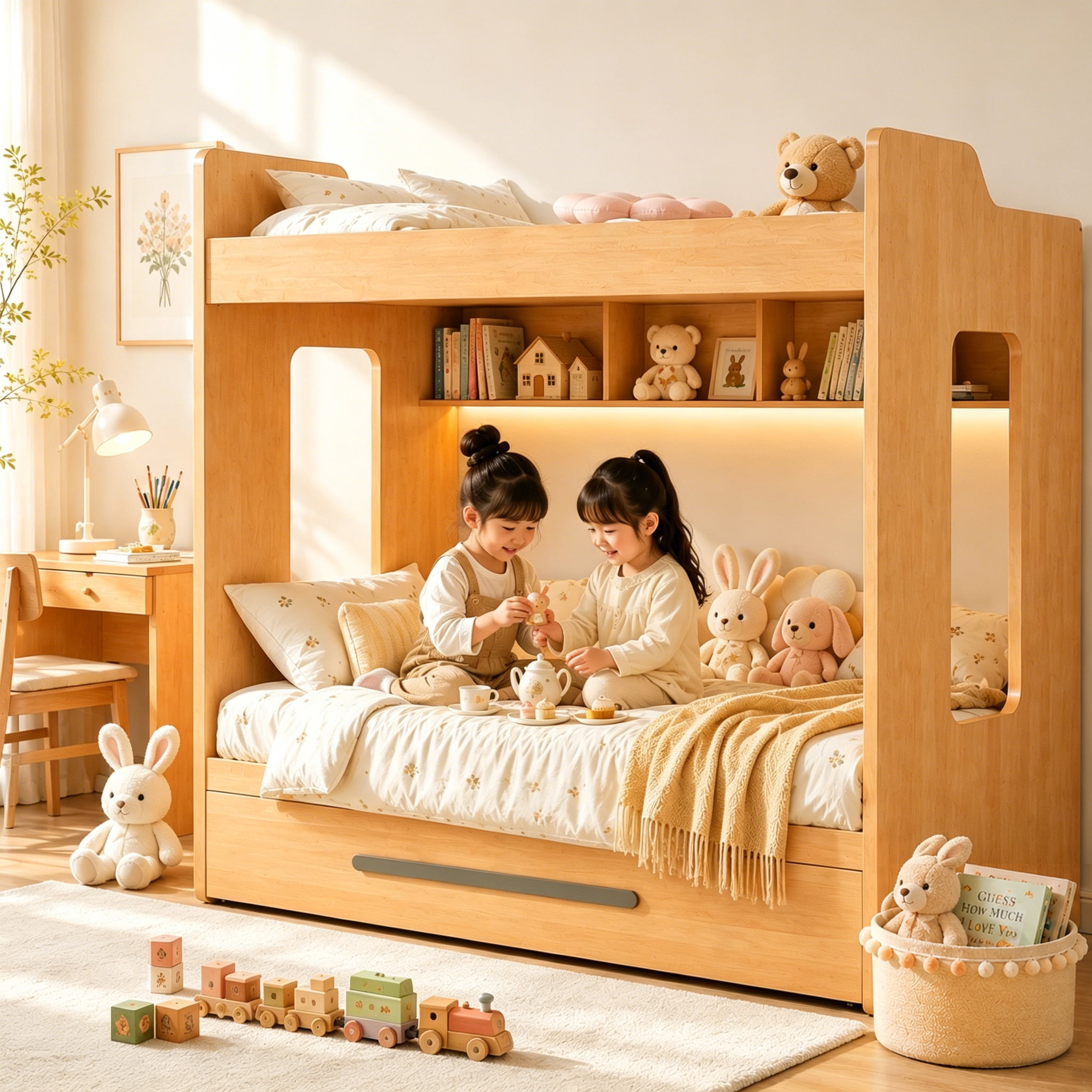 Twin Over Twin Bunk Bed with Storage Drawer, Space Saving Kids Bunk Bed with Wood Frame, Sturdy Bedroom Furniture for Children, Teens and Shared Rooms
