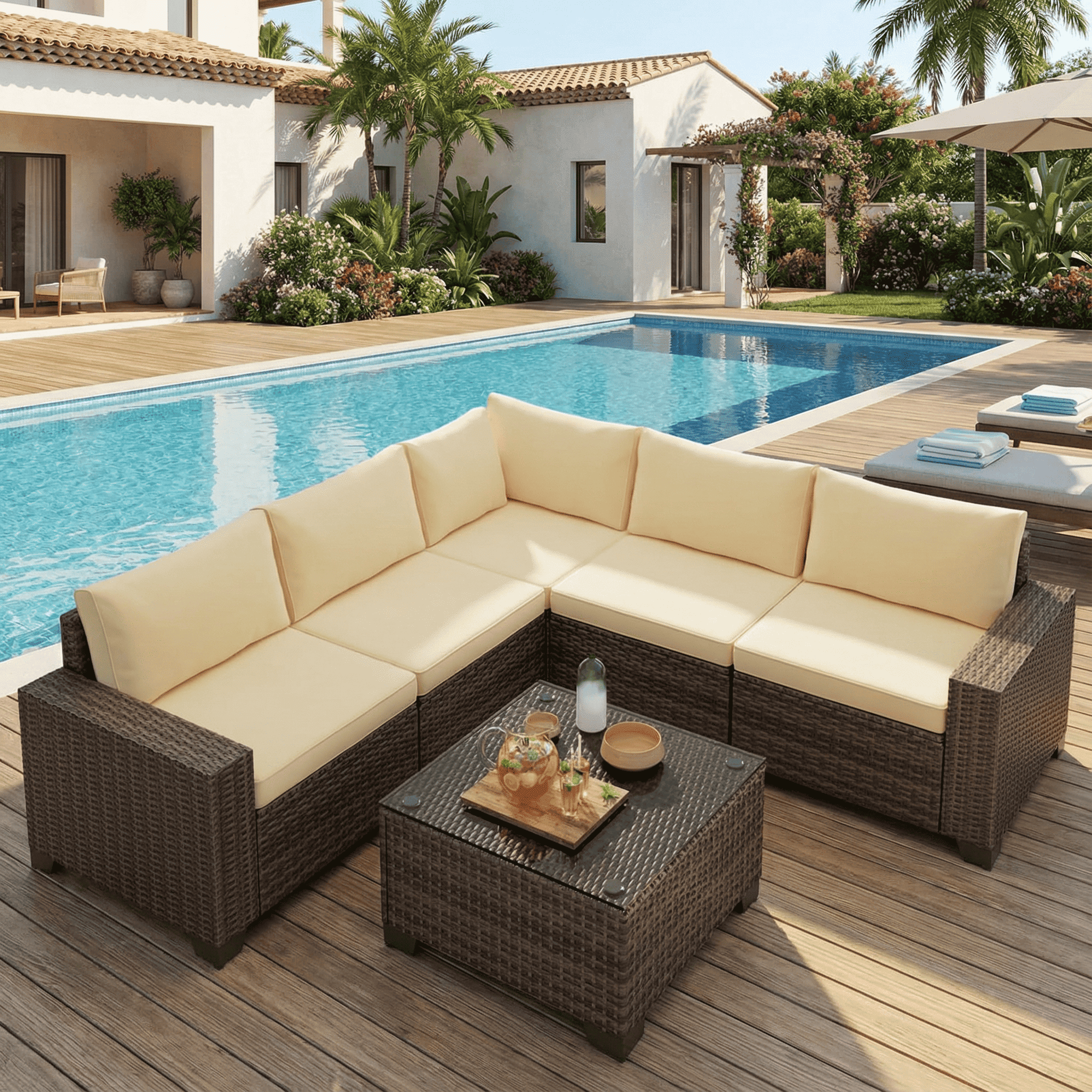 Aiho 6 Pieces Patio Conversation Set, Outdoor Sectional Sofa with All-Weather PE Rattan Wicker, Beige Cushioned Seating for Backyard, Garden, Poolside