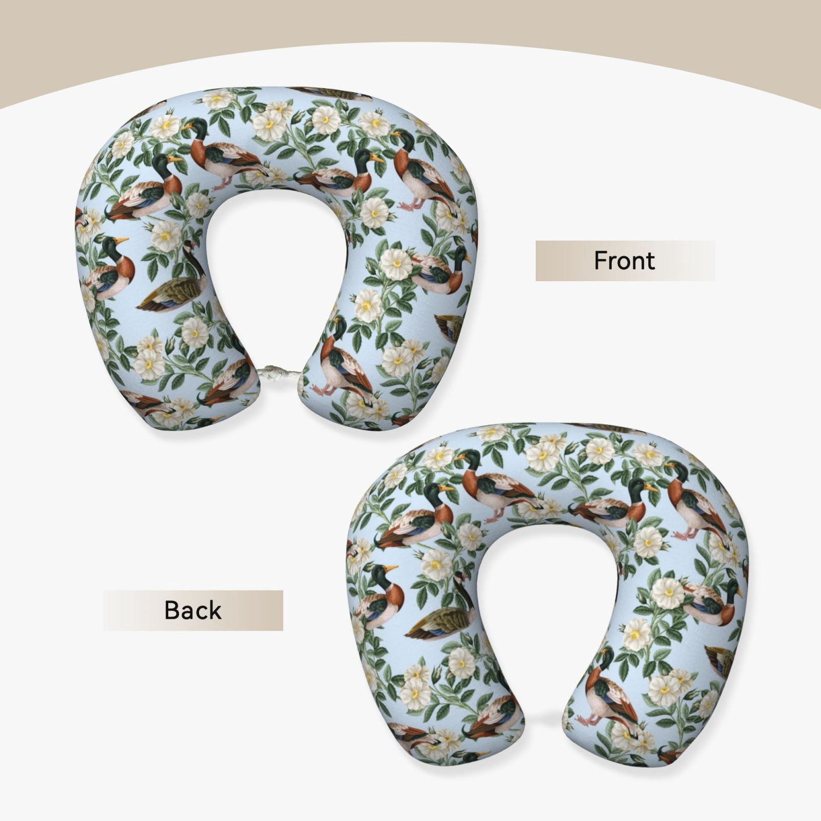 Xecao Mallard Ducks And Roses Print Memory Foam Cervical Neck Pillow Versatile U-Shaped Pillows for Home,Office,Camping,Travelling,Soft Washable Cover