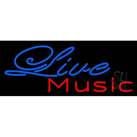 Blue Cursive Live Music LED Neon Sign 13" Tall x 32" Wide - inches Black Square Cut Acrylic Backing, with Dimmer - Premium built indoor Sign for Studio, Club, Home décor, Event, Workshop, Storefront.