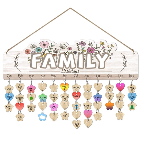 1 Set Wooden Family Birthday Reminder Calendar Plaque Wildflowers Pattern Celebrations Calendar Board Wall Hanging with 100 Tags 4.7x15.7Inch