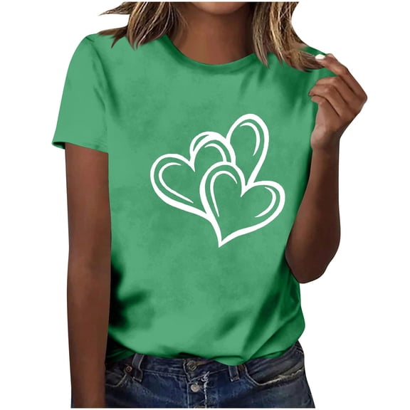 asdoklhq Valentines Womens Tops Striped Heart Print Fashion Women's Short Sleeve Casual Leopard Printed Loose T-shirt Tops Green 4X