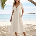 thumbnail image 5 of cocolona Womens Summer Linen Long Dress V Neck Short Sleeve Pleated Flowy Sun Dress Fashion Casual Loose Beach Dress with Pockets, 5 of 6