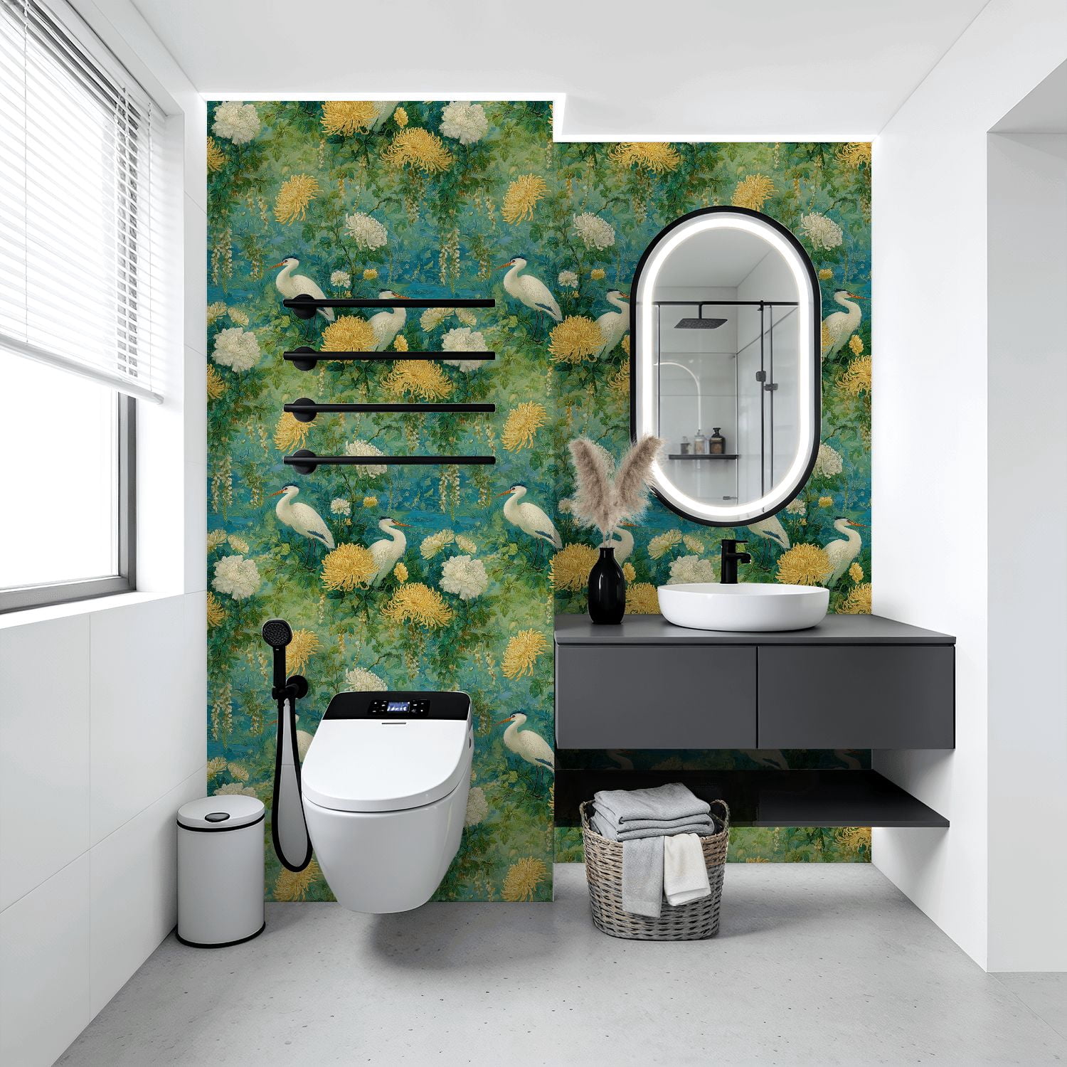 Boho Peel and Stick Wallpaper White Cranes Golden Chrysanthemums Teal Garden Wall Mural 17.7in x 9.8ft Self Adhesive Removable Wall Paper Renter Friendly Wallpaper for Bedroom Kitchen Farm