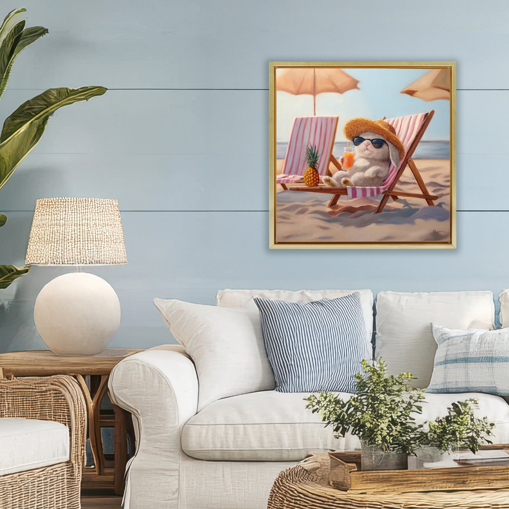 Beach Bun Relaxation Gold Framed Floater Canvas Wall Art, design by Lucia Heffernan