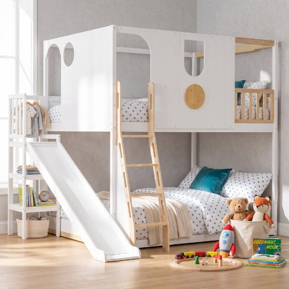 Twin Size House Loft Bed Frame with Slide, Wood Playhouse Bunk Bed with Storage Shelves and Guardrails for Bedroom, Apartment, Guest Room, Easy Assembly, Mattress Not Included, White Natural