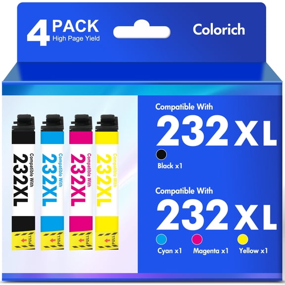 4 Pack, 232XL Ink Cartridges Compatible for Epson 232 232XL Printer Ink Combo Pack for Workforce WF-2930 WF-2950 Expression XP-4200 XP-4205 (Black, Cyan, Magenta, Yellow)
