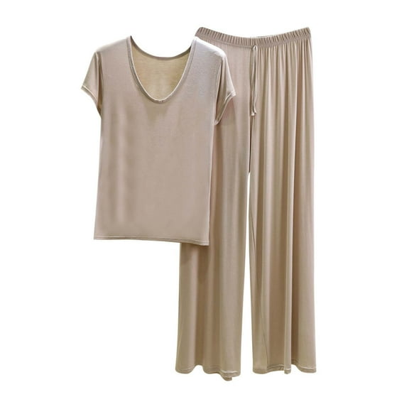 Women Long Pajama Sets - Ladies Summer V-Neck Short Sleeve Tshirt and Tie Waist Wide Leg Pants Sets Casual 2 Piece Soft Comfy Pjs Sleepwear Outfits ,Ot-1,Khaki,L