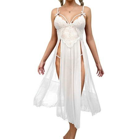 

Womens Pajamas & Loungewear Large Size Mesh Deep V Lace Side Slit Suspender Lengthened Home Nightgowns For Women