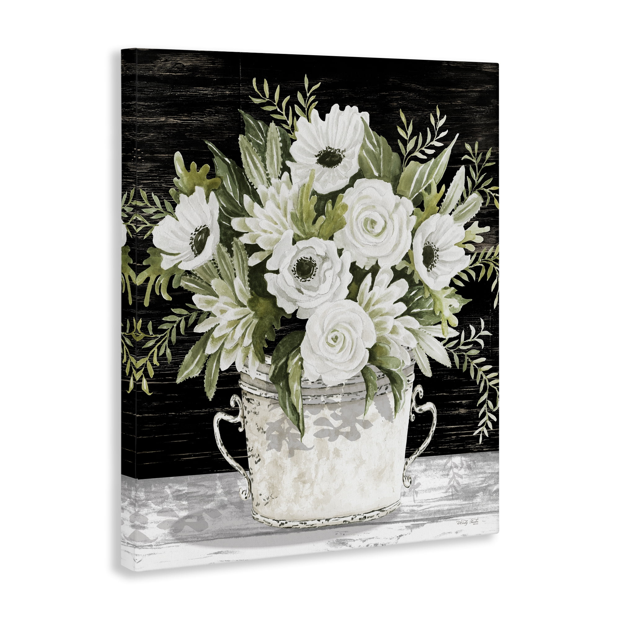 Stupell Industries White Flowers Country Tin Plants & Flowers Painting Wrapped Canvas Art Print Wall Art, 24 x 30