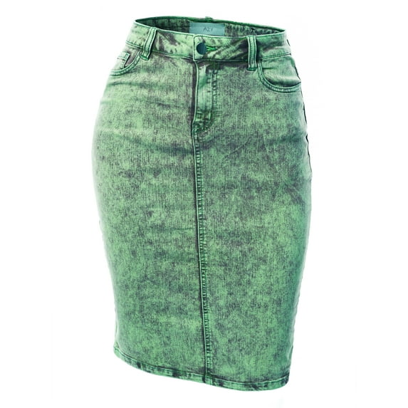 A2Y Women's Acid Wash Slim Fit Rayon Knee Length Back Slit Denim Jean Pencil Skirt Neon Green L