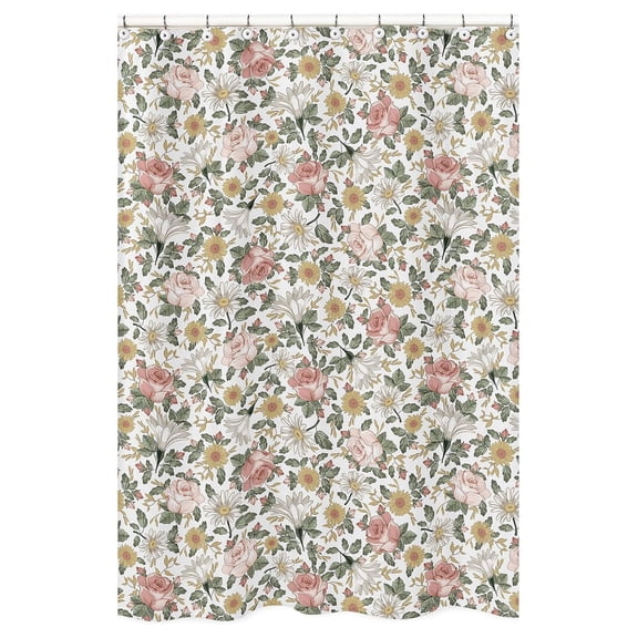 Drevy Vintage Floral Boho Bathroom Fabric Bath Shower Curtain - Blush , Yellow, Green and White Shabby Chic Rose Flower Farmhouse