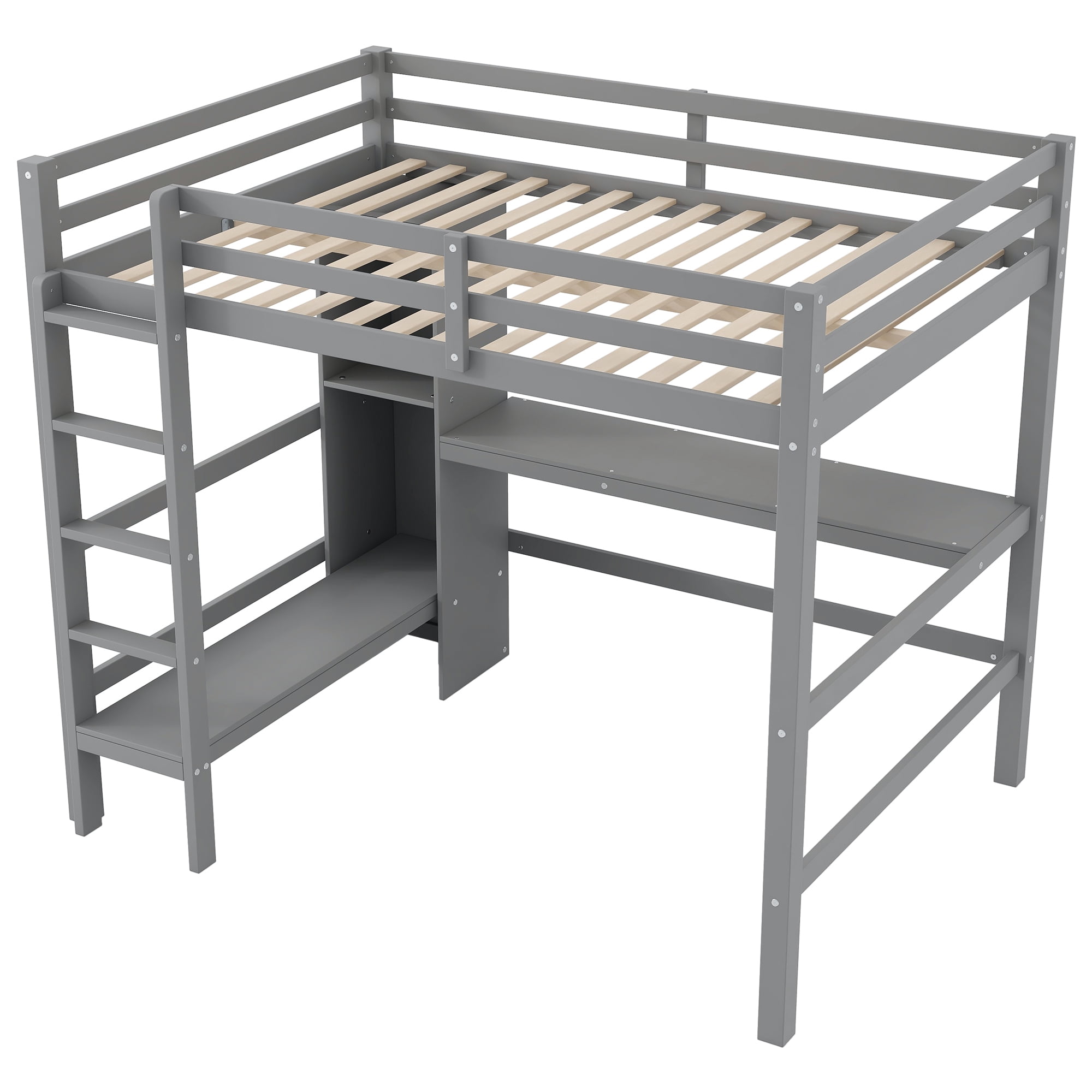 Euroco Full Size Loft Bed with Desk, Shelves and Cabinet for Kids Teens Room, Solid Wood Bed, Gray
