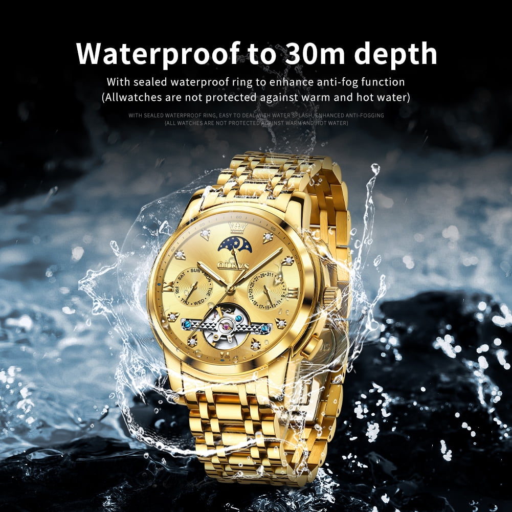 OLEVS Automatic Watches for Men Self Winding Mechanical Skeleton Flywheel Chronograph Luxury Dress Stainless Steel Diamond Moon Phase Waterproof Luminous Mens Wrist Watches Reloj Para Hombre