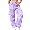 thumbnail image 2 of Parachute Pants Women Summer Elastic Waist Drawstring Wide Straight Leg Loose Casual Lightweight Cargo Pants with Pockets, 2 of 8
