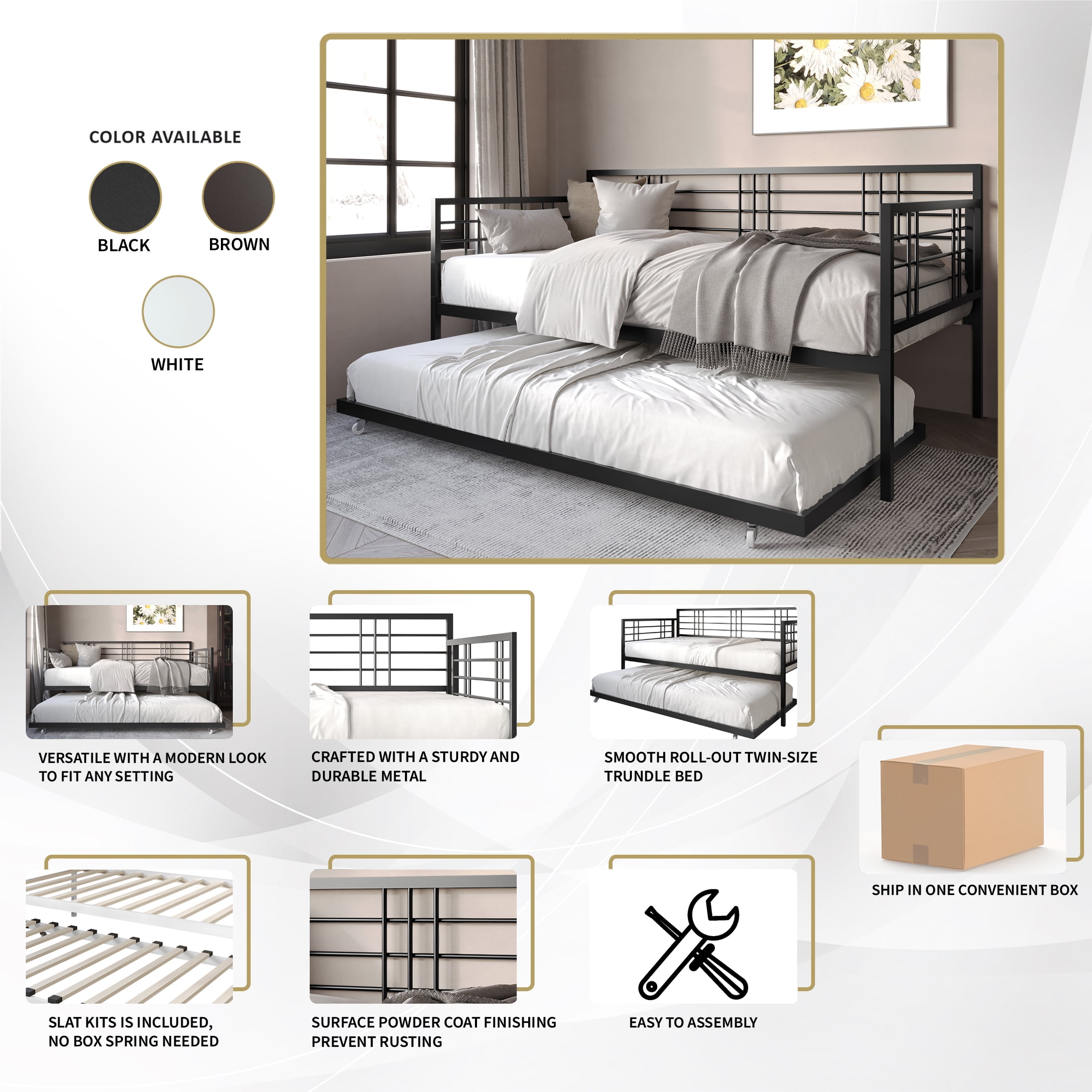 Castle Place Elegance Metal Twin Daybed with Trundle, Brown
