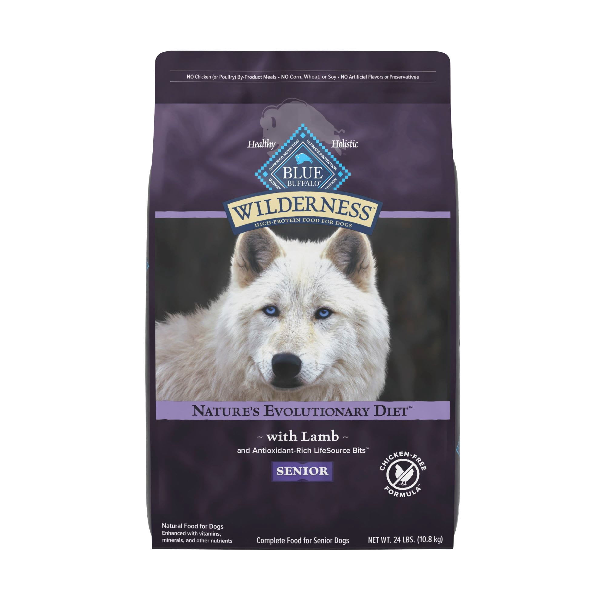Blue Buffalo Wilderness Lamb Chicken-Free Formula 31 g Protein Meat Rich Natural Dry Senior Dog Food 24 lbs.