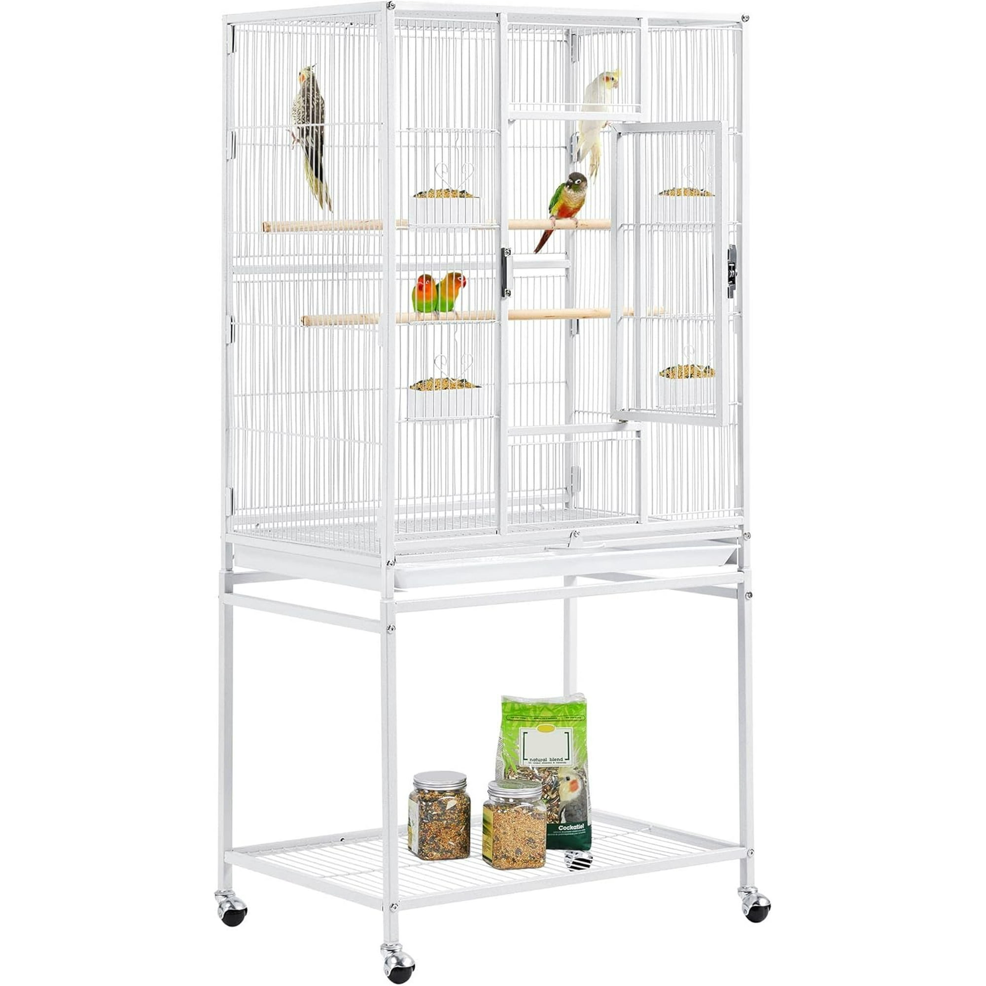 Favory 54" Large Flight Bird Cage for Parrots Macaw Cockatiels Sun Parakeets Lovebird Green Cheek Conures African Grey Small Quaker Amazon Parrots with Rolling Stand, White
