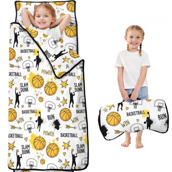 Basketball and Star White Pattern Teens Toddler Nap Mat with Pillow, Sleeping Mat Bag for Preschool Daycare 59"x22"
