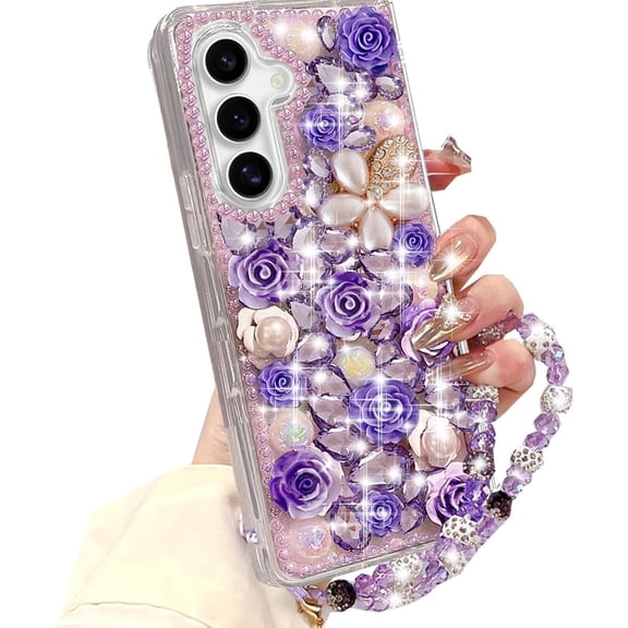 for Samsung Galaxy Z Fold 6 Glitter Bling Case,Cute Luxury 3D Crystal Rhinestone Diamond Flower Sparkle Stunning Stones Pearl with Wrist Strap Women Girls Case for Galaxy Z Fold 6 5G (Purple)