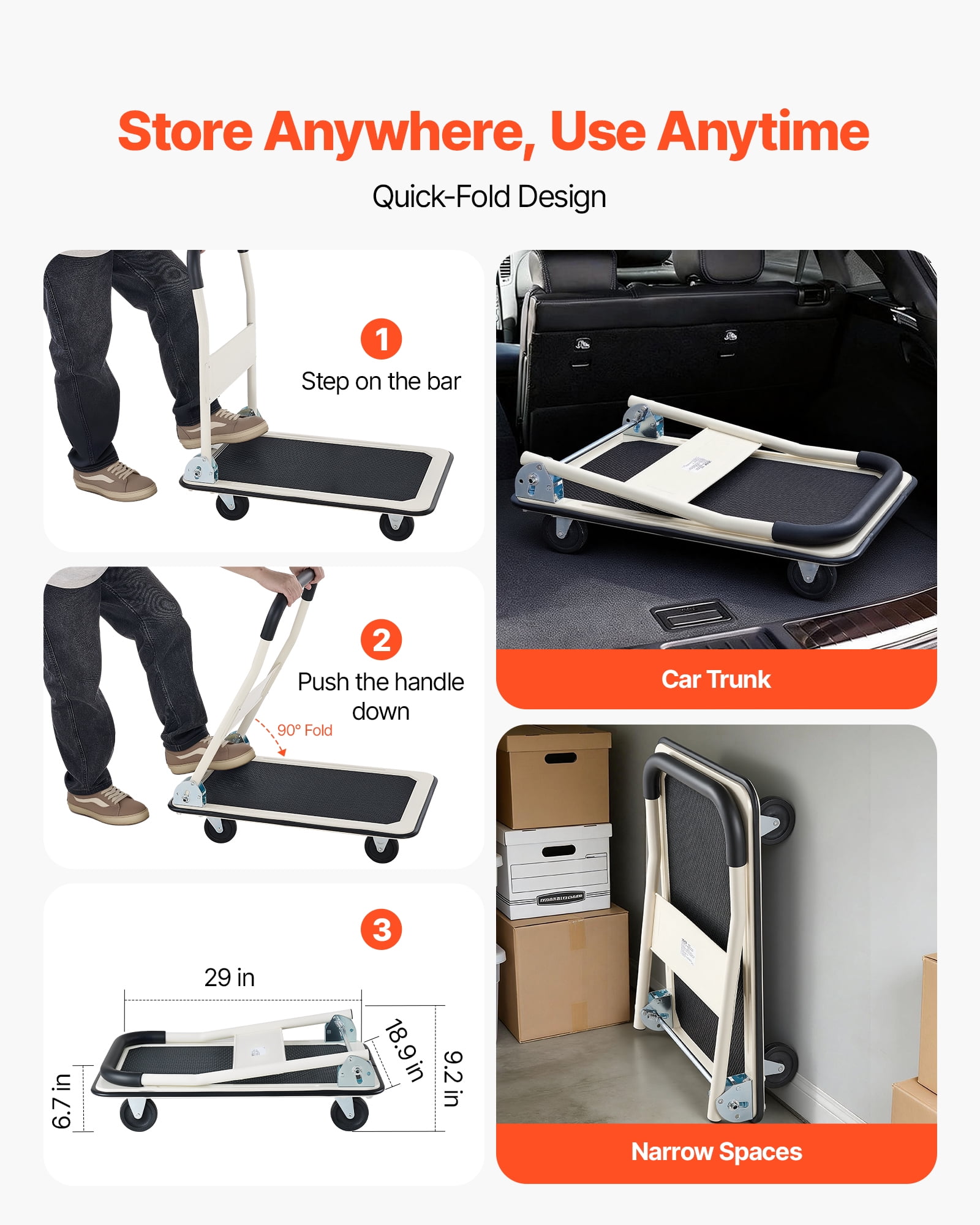 VEVOR Foldable Push Cart Dolly, 330 lbs Load Capacity, Folding Platform Truck with Swivel Wheels, Moving Platform Hand Truck Flatbed Cart, Space Saving Push Handle, 29 x 18.9 x 32.5 in