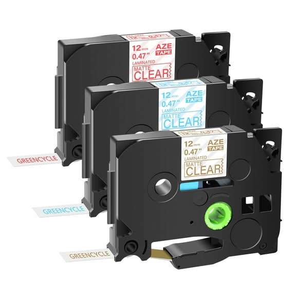 GREENCYCLE 3 Pack Compatible for Brother TZe-M32 TZe-M33 TZe-M34 Red/Blue/Gold on Matte Clear Label Tape Laminated 1/2'' x 26.2ft (12mmx8m) use in P-touch PT-D210 PT-D600 PT-D400 PT-P700 Printer
