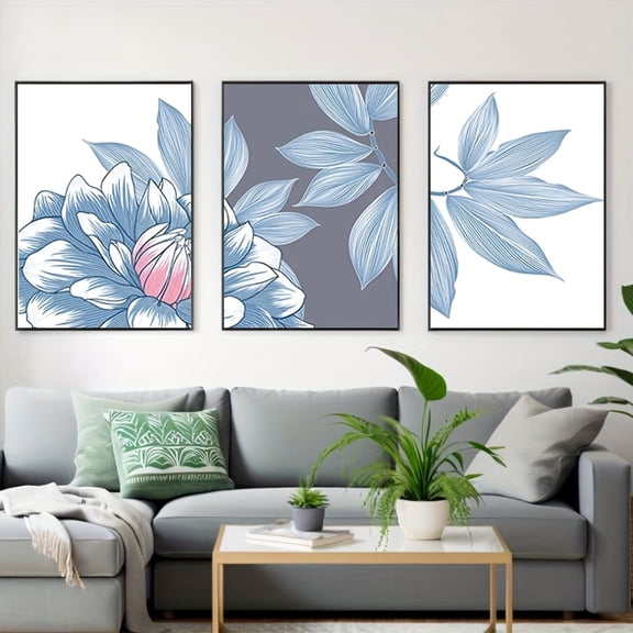 3pcs Unframed Abstract Blue Line Floral Botanical Canvas Painting Flowers Poster Print Modern Wall Art Picture for Bedroom Decor NoFrame, 2D Flat, Canvas Wall Art, Large Wall Art Canvas, Extra Large